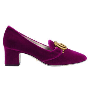 Gucci Victoire Fucsia Velvet Double GG Logo Block Mid Heel Mule Loafer Pump 36.5